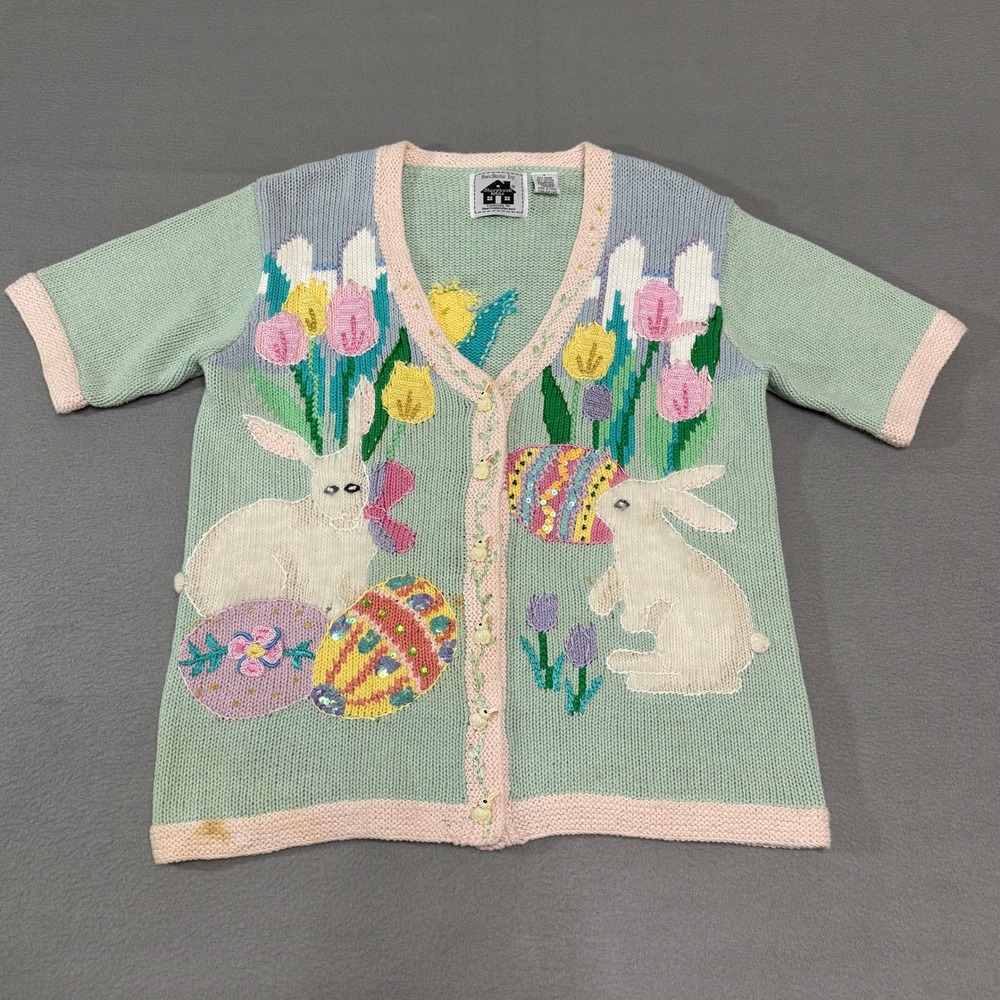 Storybook Knits Cardigan Sweater Women S Green Easter Bunny Embroidered Spring